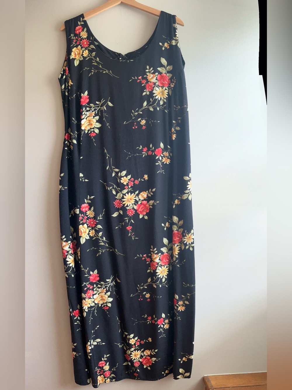 Black Floral Sleeveless Maxi Dress with Red & Cream Blooms